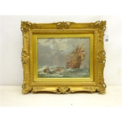  Bernard Finegan Gribble (British 1873-1962): Galleon and Rowing Boats in Stormy Seas, oil on board signed 20cm x 26cm  DDS - Artist's resale rights may apply to this lot  