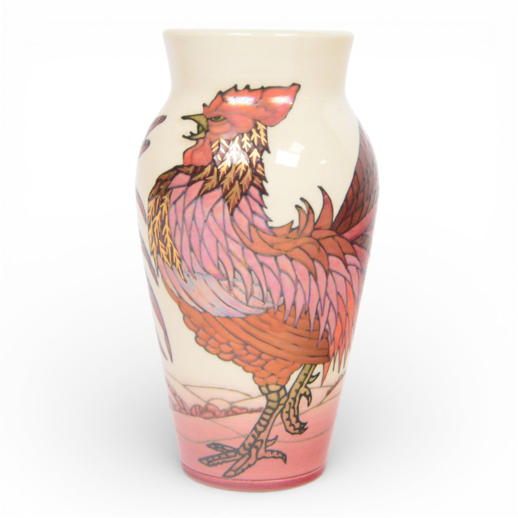 Dennis Chinaworks, Cockerels vase, dated 2005, baluster form decorated with red lustre cockerels on a white ground, limited edition 5/25, printed and painted marks beneath, H21cm