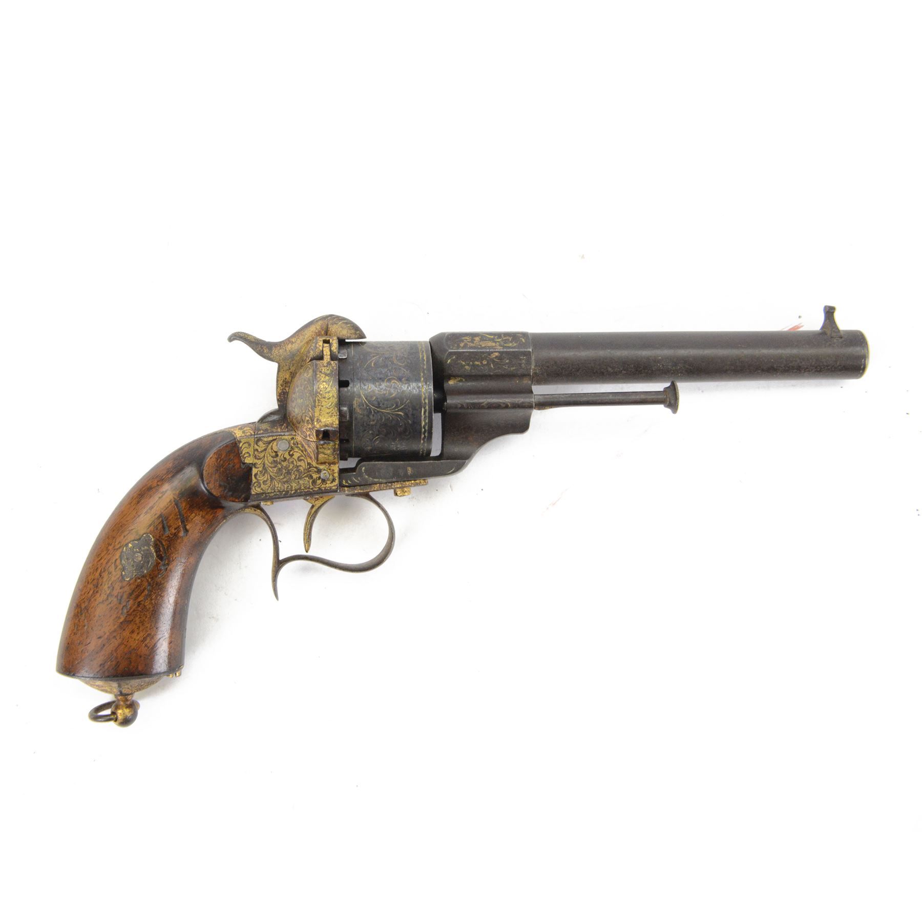 French six shot percussion and pinfire revolver, round barrel 2cm, numbered 1 F 75344 beneath and Brevete Paris on the other side, cylinder and frame overlaid with gold vine leaves, tendrils and lines; with ejector rod on the right, plain wooden grip, and lanyard ring
Sold as an exempt item under Section 58 (2) of the 1968 Firearms Act, to be held as a curiosity or ornament