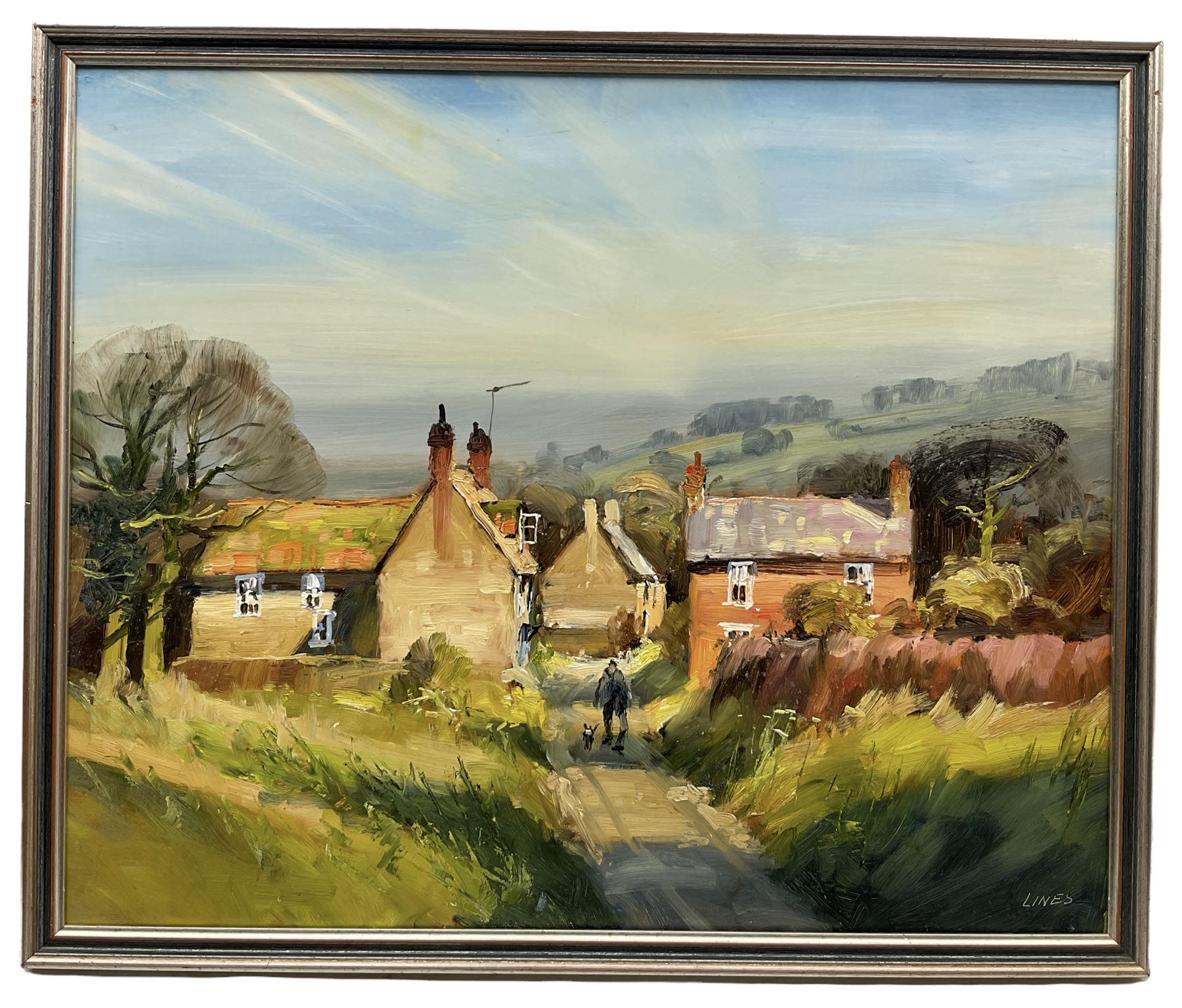 John Lines (British 1938-): Evening Stroll with the Dogs, oil on board signed 59cm x 71cm