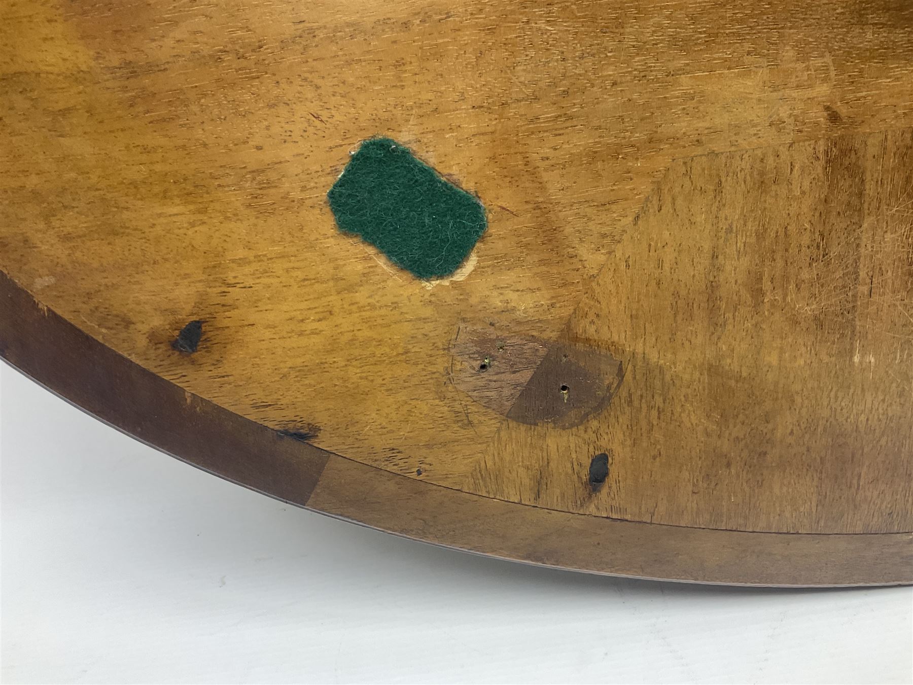 Late 19th/early 20th century mahogany and marquetry inlaid tray, of oval form with twin scrolled handles and moulded border, the central panel inlaid with figures seated at a table drinking tea, L99cm
