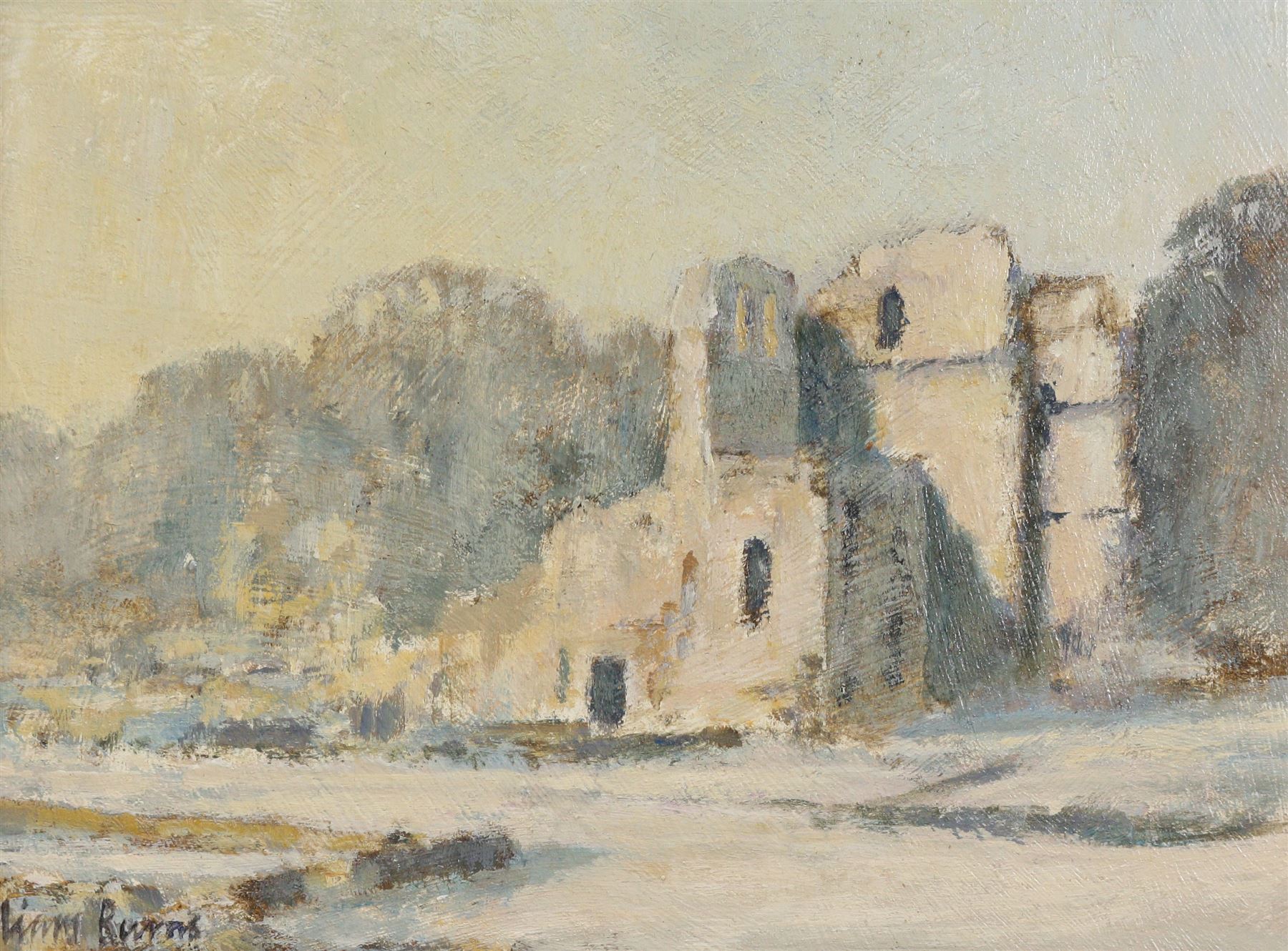 William Burns (Northern British 1923-2010): 'Snow at Roche Abbey - South Yorkshire', oil on board signed, titled verso 14cm x 19cm Provenance: Direct from the family of the artist.
Notes: Born in Sheffield in 1923, William Burns RIBA FSAI FRSA studied at the Sheffield College of Art before the outbreak of the Second World War, during which he helped illustrate the official War Diaries for the North Africa Campaign, and was elected a member of the Armed Forces Art Society. On his return, he studied architecture at Sheffield University and later ran his own successful practice, being a member of the Royal Institute of British Architects. However, painting had always been his self-confessed 'first love', and in the 1970s he gave up architecture to become a full-time artist, having his first one-man exhibition in 1979.