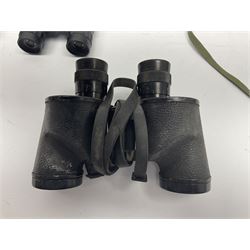 Pair of British World War Two issue black-painted binoculars, Bino 7x50 No. 5, 6E/320, No. 87412, MoD.B/42, with case, together with Nipole 10 x 50 binoculars and two other pairs