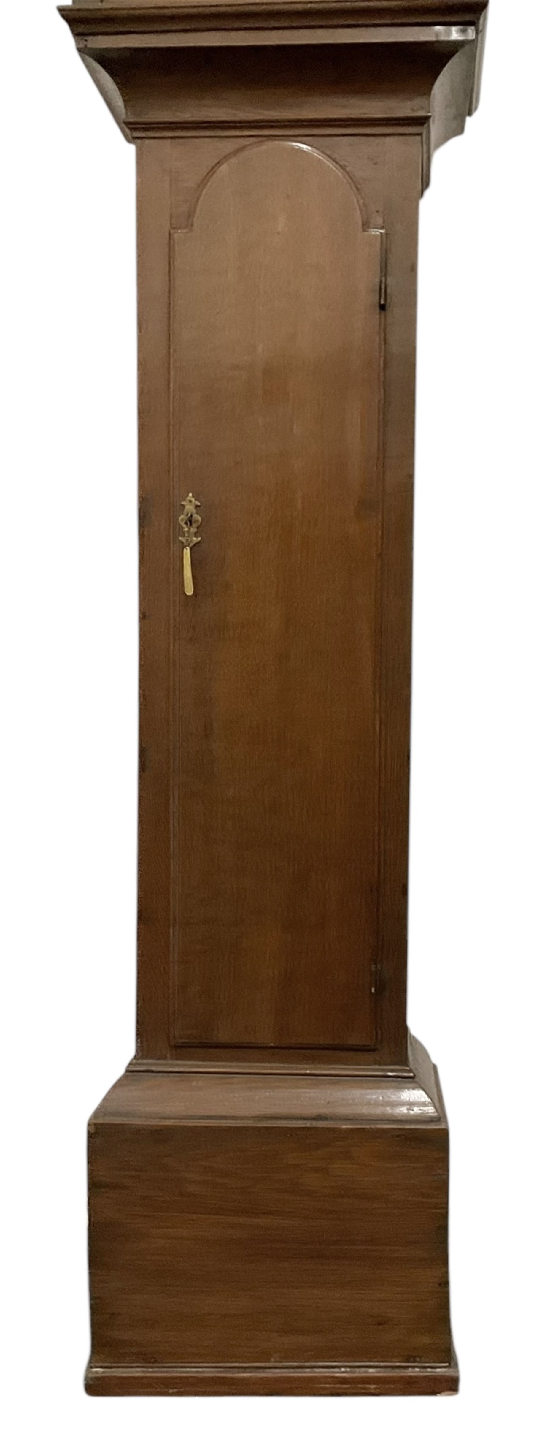 William Todd of Scarborough - early 18th century 8-day oak cased longcase clock c1730, with a flat top and deep cornice to the pediment, glazed side windows and a break arch hood door beneath with attached pilasters, long trunk door with an arched top on a reduced plinth with applied skirting, brass dial with cast spandrels and a father time automata to the arch, silvered chapter with Roman numerals and five minute Arabic's, quarter-hour and minute track,  plain dial centre with engraving and ringed winding holes, seconds dial and date aperture, movement pinned directly to an internal countwheel striking movement, striking the hours on a vertical bell. With pendulum and weights. 
William Todd is recorded as working in Scarborough 1720-d.1752..
