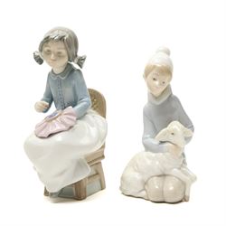 Four Lladro figures and two Nao examples, including Cinderalla, girls picking flowers, girl sewing, etc (6)
