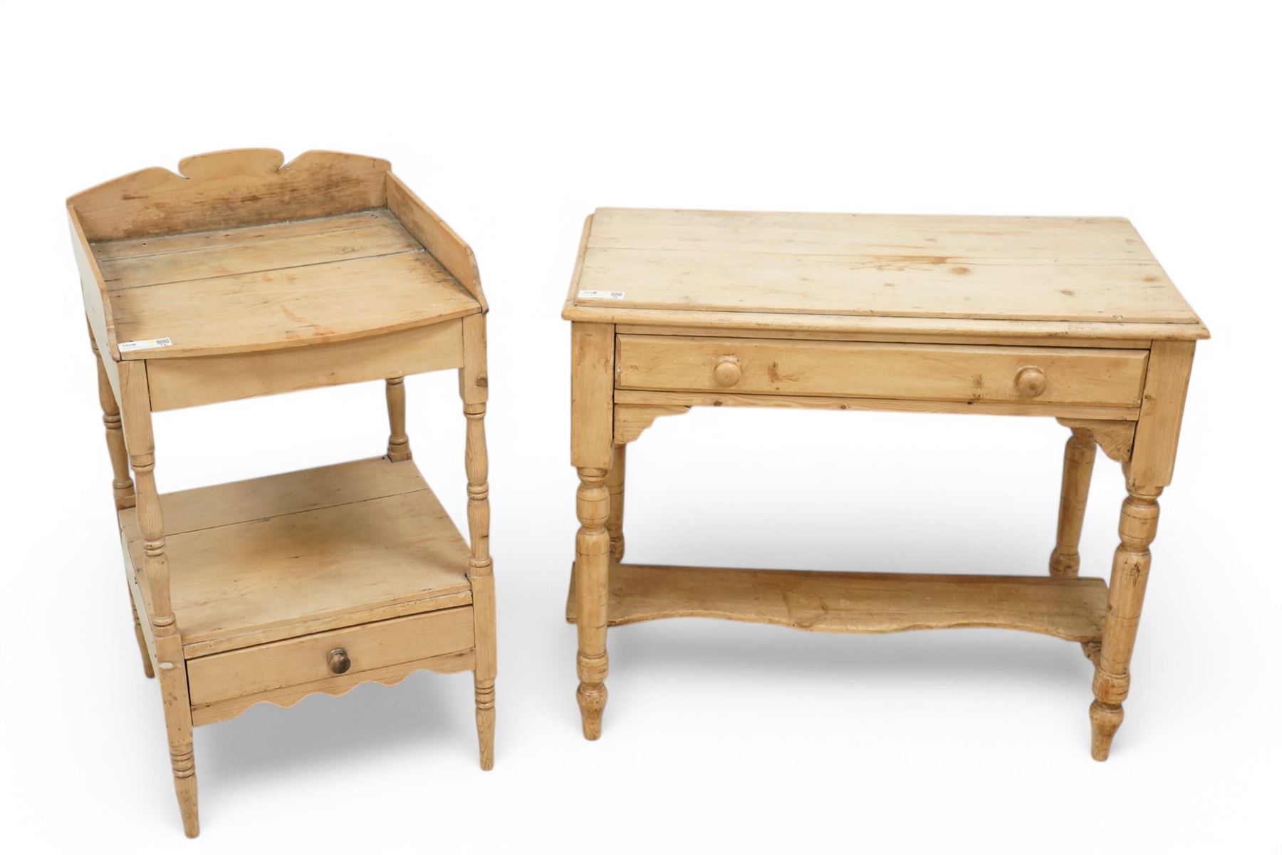 Victorian stripped pine narrow wash stand, fitted with single drawer, on turned supports (W50cm, H88cm, D52cm); together with a Victorian pine wash stand or side table (W89cm, H75cm, D46cm)