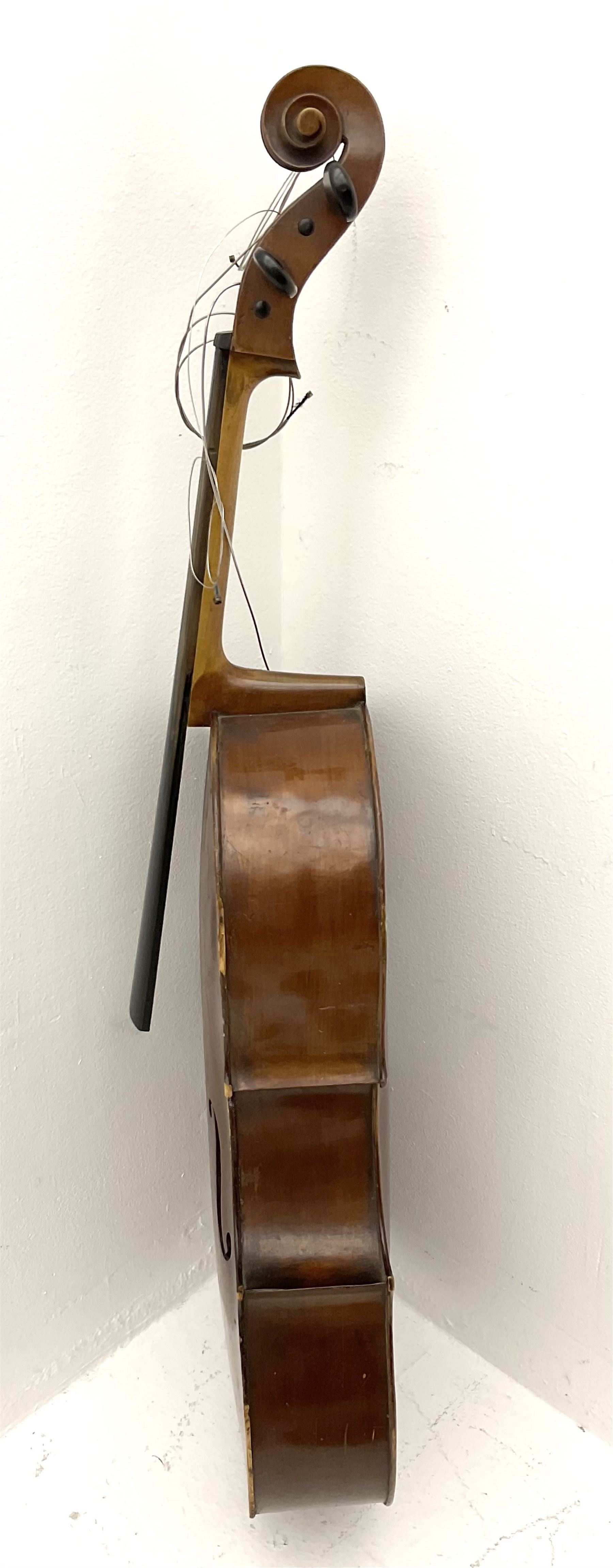 German Saxony three-quarter size cello for restoration, c1920, with 69cm two-piece maple back and ribs and two-piece spruce top, L111cm overall; with bow and canvas carrying case