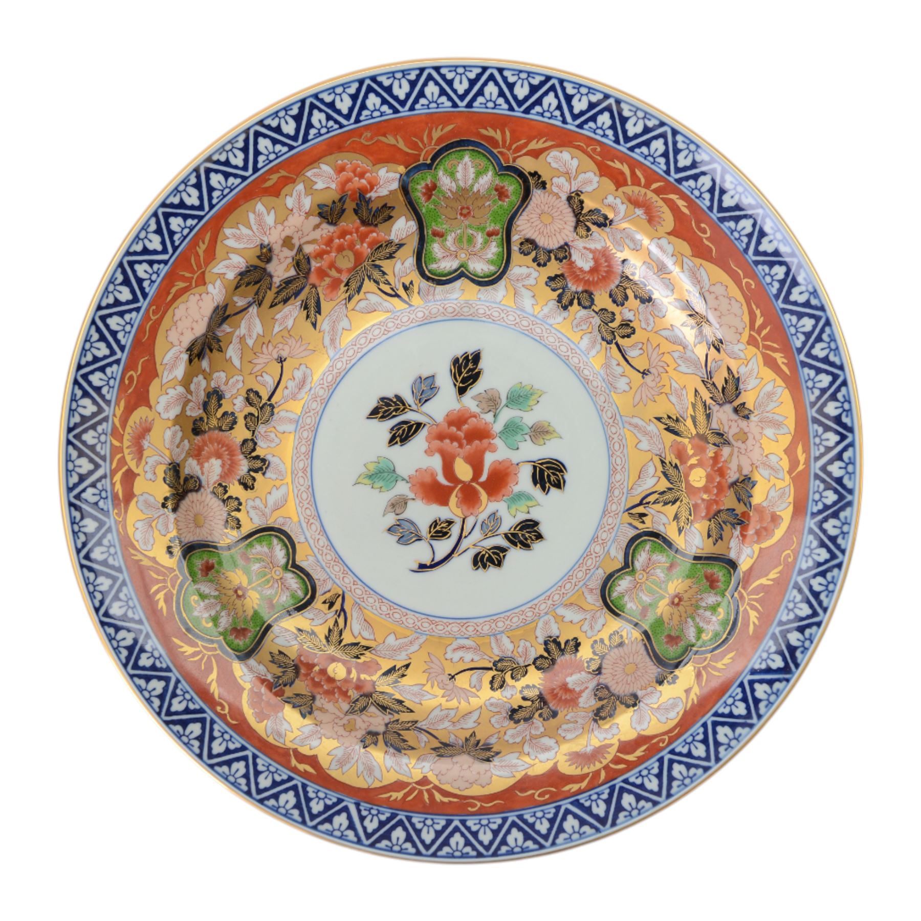 Japanese Imari Arita charger, with floral decoration highlighted in gilt, together with a similar bowl, smaller Arita charger and a plate decorated with cranes in a lake landscape, charger D37cm