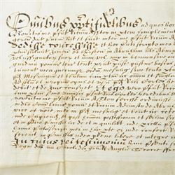 Two pages of 16th century German text referencing Columbus 31cm x 19cm, Charles I Confirmation Deed indenture 1627, King James indenture and a 19th century Mortgage indenture Collins to Stonehouse