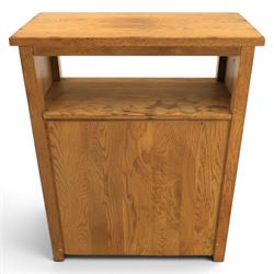 Traditional design light oak wine server, rectangular overhanging top above an open undertier with grooves for wine glasses, fitted with two drawers, lower section with open bottle racks for thirty five bottles, raised on square supports