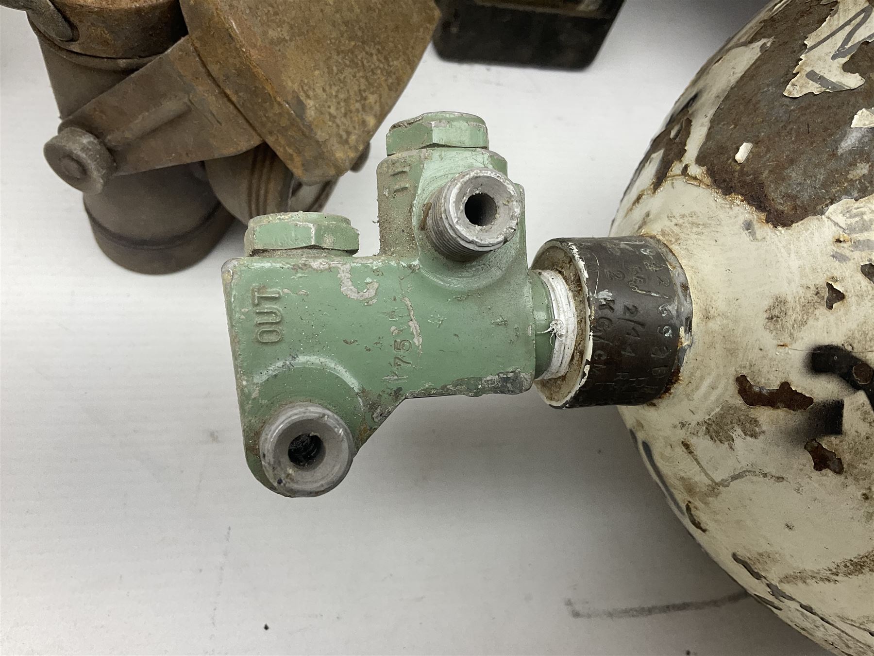 Three RAF light switches, together with military oxygen canister, batteries, gages etc  