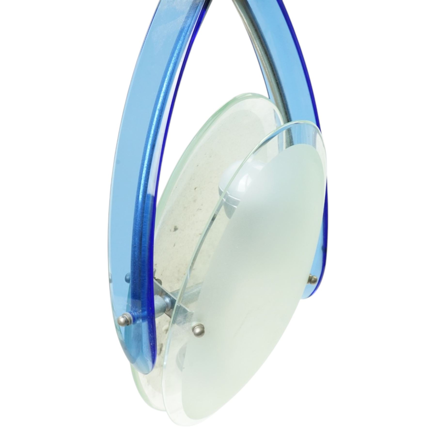Attrib. Max Ingrand for Fontana Arte - mid-20th century chromium ceiling light with tilting frosted glass double shade within blue glass frame overall height 65cm