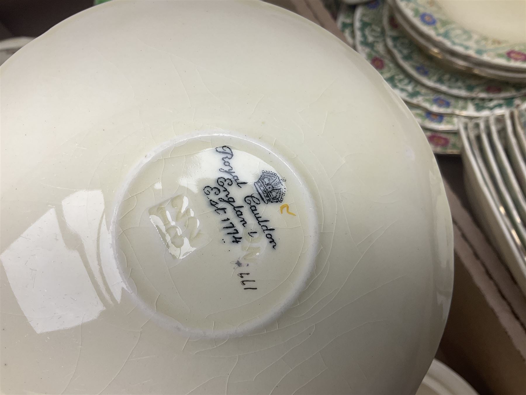Royal Cauldon Evesham pattern dinner wares, including dinner plates, tureens, egg cups, bowls, sides plates and saucers