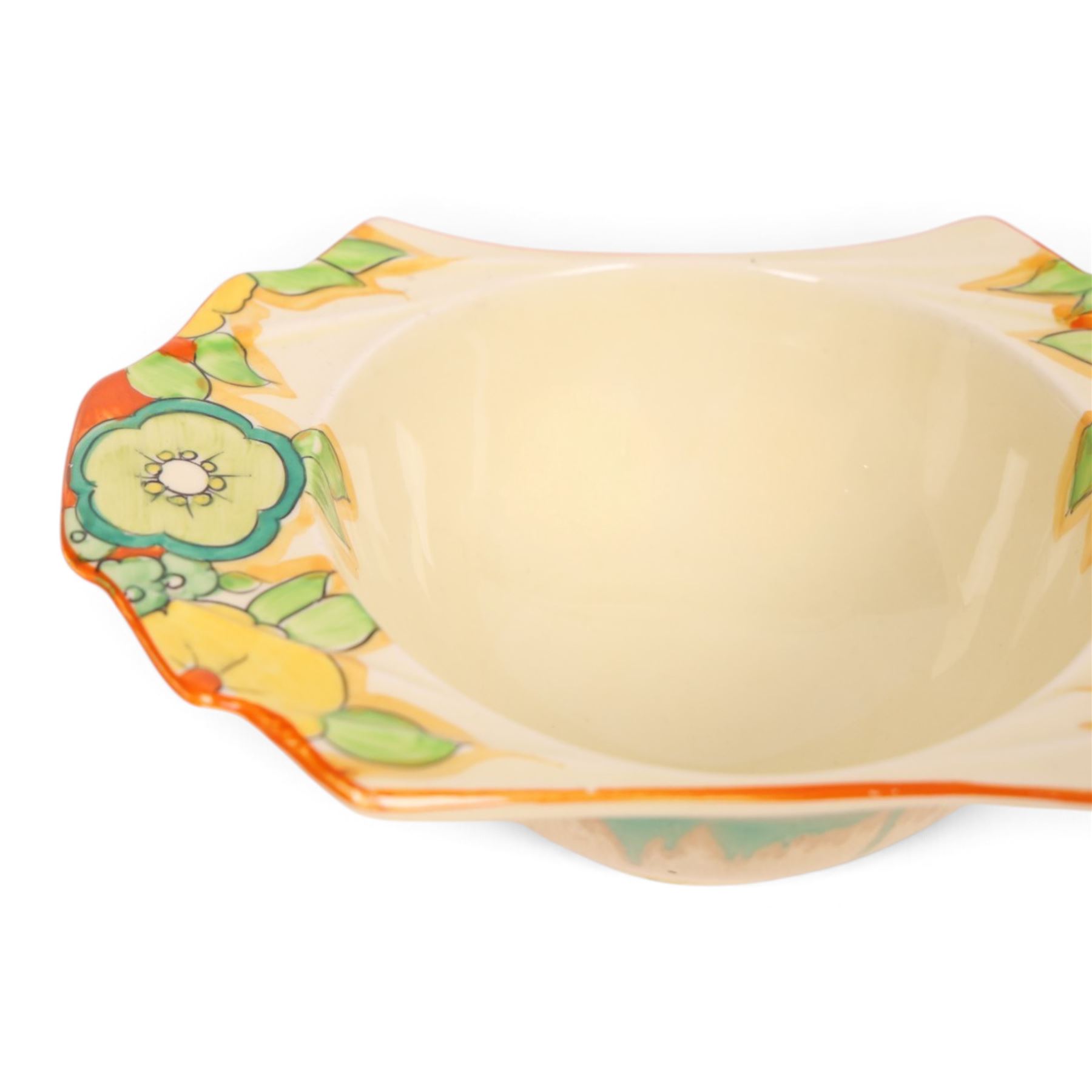 Clarice Cliff Joanquil pattern, Daffodil shape grapefruit bowl, circa 1933, with Bizarre and printed marks to base, L7cm, H5cm