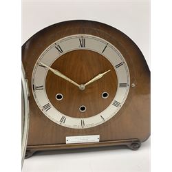 Early to mid 20th century Art Deco style walnut mantel clock by 'Smiths', circular dial with Roman chapter ring, triple train driven chiming movement, with presentation plaque inscribed 'British Railways...'