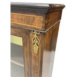 Victorian walnut pier cabinet, moulded rectangular top over inlaid frieze and uprights, enclosing by single glazed door, the interior fitted with two shelves, on shaped bracketed plinth base