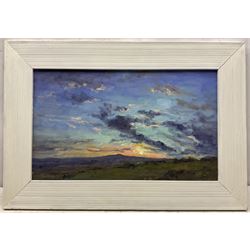 Neil Tyler (British 1945-): 'Moorland Sunset', oil on board signed, titled verso 27cm x 45cm