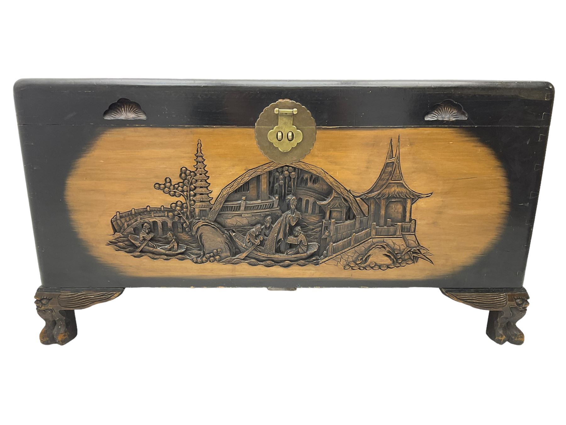 Singapore camphor wood blanket chest, rectangular hinged top with carved panel depicting traditional pagoda and river scenes