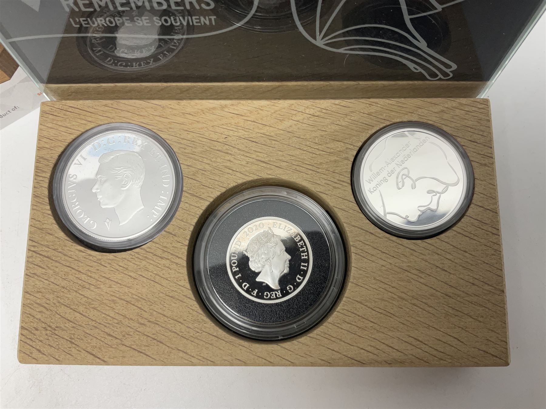Royal Dutch Mint 'Europe Remembers' silver three coin set, comprised of Royal Canadian Mint 2020 one dollar '75th Anniversary of V-E Day', The Royal Mint 2020 one pound '75th Anniversary of VE Day' and Royal Dutch Mint 2020 five euros '75 Years of Freedom', cased with certificate
