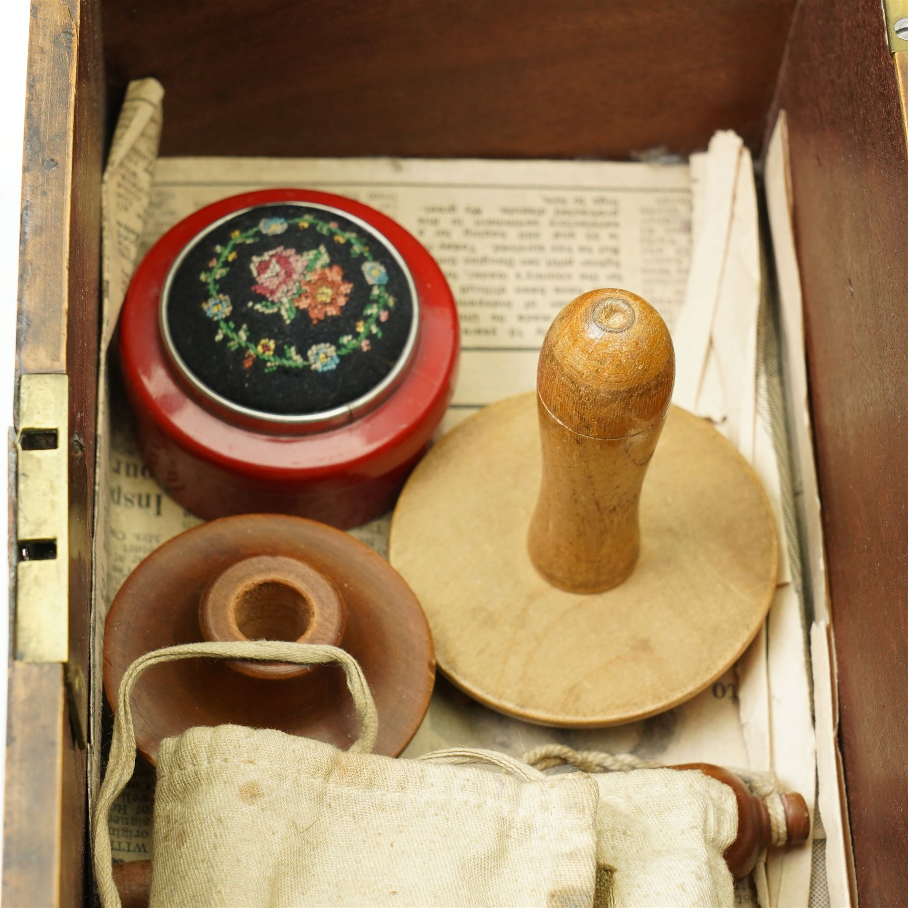 19th century mahogany tea caddy with covered interior and glass bowl, countersunk brass handle W23cm and a crossbanded mahogany sewing box (2)