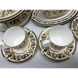 Royal Worcester Windsor pattern part tea and dinner service, comprising nine dinner plates, nine side plates, nine dessert plates, six coffee cans and saucers, sauce boat and plate, two covered tureens, oval dish and serving platter (35)