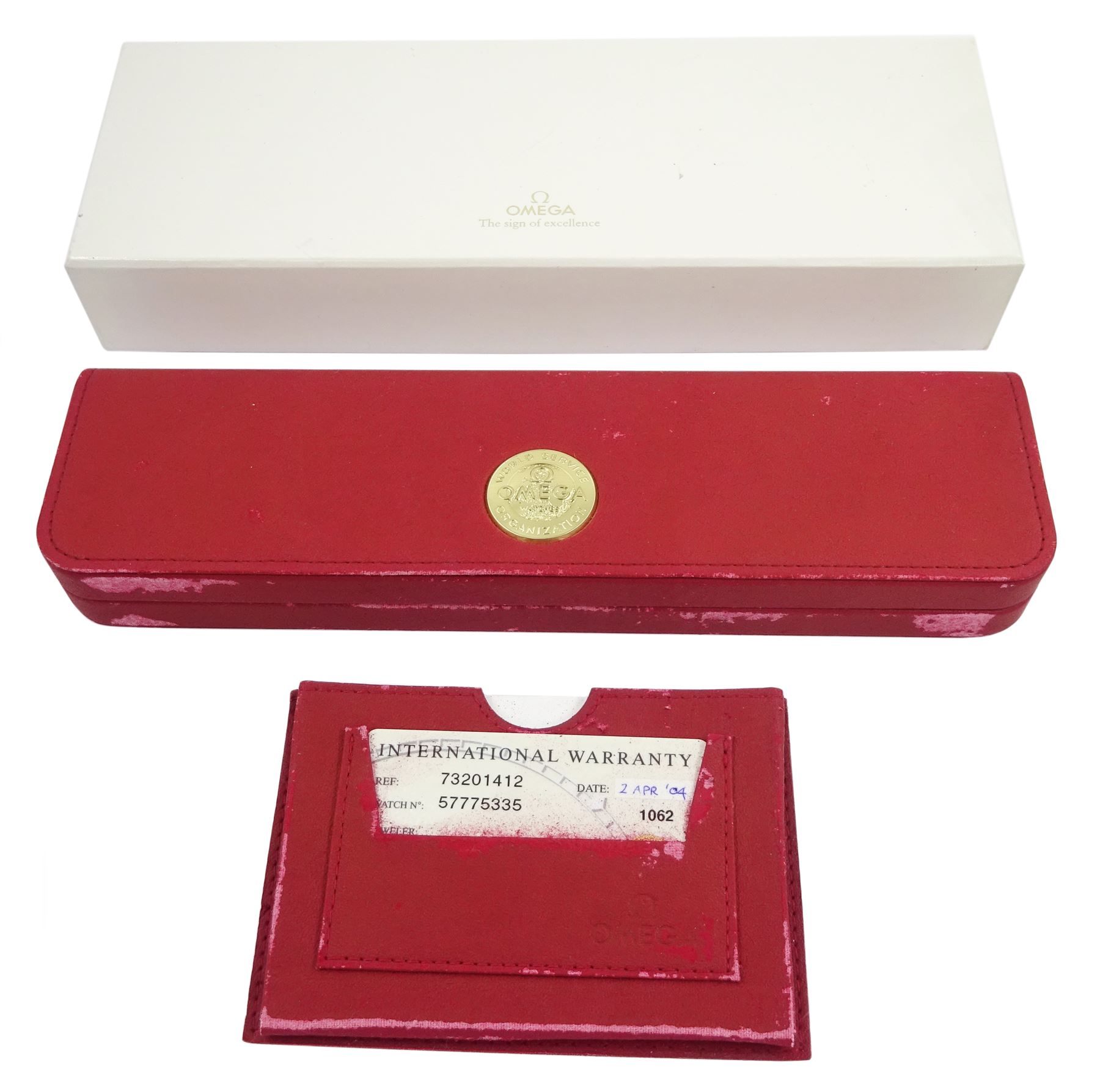 Omega De Ville gentleman's 18ct gold quartz presentation wristwatch, Ref. 73201412, champagne dial with date aperture, on original brown leather strap with gilt buckle, box with warranty card dated 2004