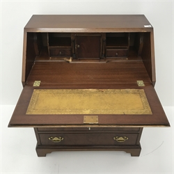  Georgian style mahogany bureau, fall front enclosing fitted interior, four drawers, shaped plinth base, W77cm, H92cm, D47cm  