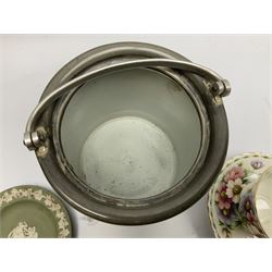 Wedgwood Jasperware silver plated lidded biscuit barrel decorated in relief with classical scene, Royal Copenhagen figure of an otter with a fish no. 2333, Royal Albert teacup and saucer, Wedgwood sage green dish