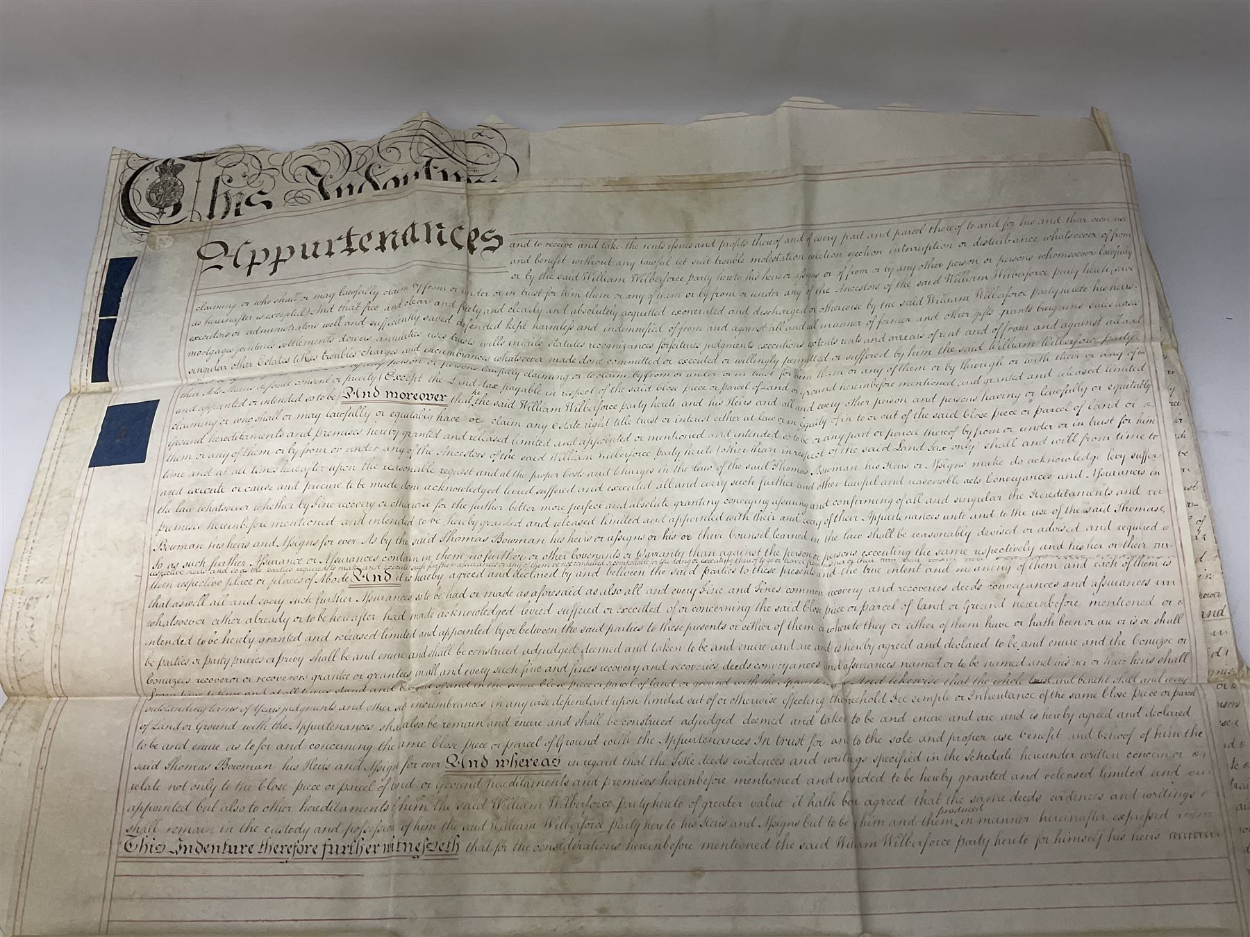Early 19th century manuscript deed on vellum in three sections dated 25th February 1803 relating to 'An agreement between William Wilberforce, of the old palace yard, Westminster - son of Robert, AND The Reverend Thomas Bowman, of Beverley, who has agreed to buy from William Wilberforce the Freehold of a 