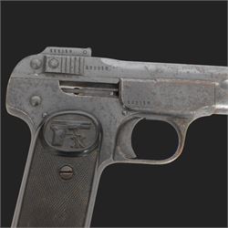 Deactivated FN Model semi-automatic pistol, barrel marked - Fabrique Nationale D'Armes Herstal - Liege (Browning-Patent), frame with FN Trademark and stamped Brevete SGDG. Serial no. 123319, Deactivation Certificate no. 166110 30/11/2021