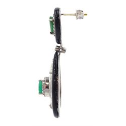 Pair of silver and gold emerald, onyx, crystal and round brilliant cut diamond, pear shaped pendant stud earring, total emerald weight approx 1.95 carat, total diamond weight approx 1.05 carat