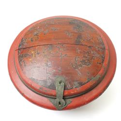 Early 20th century Chinese red lacquered marriage basket, the exterior with character and fruit motifs, H43cm; together with a red painted dowry basket, on shaped circular foot, H19cm x D35cm (2)