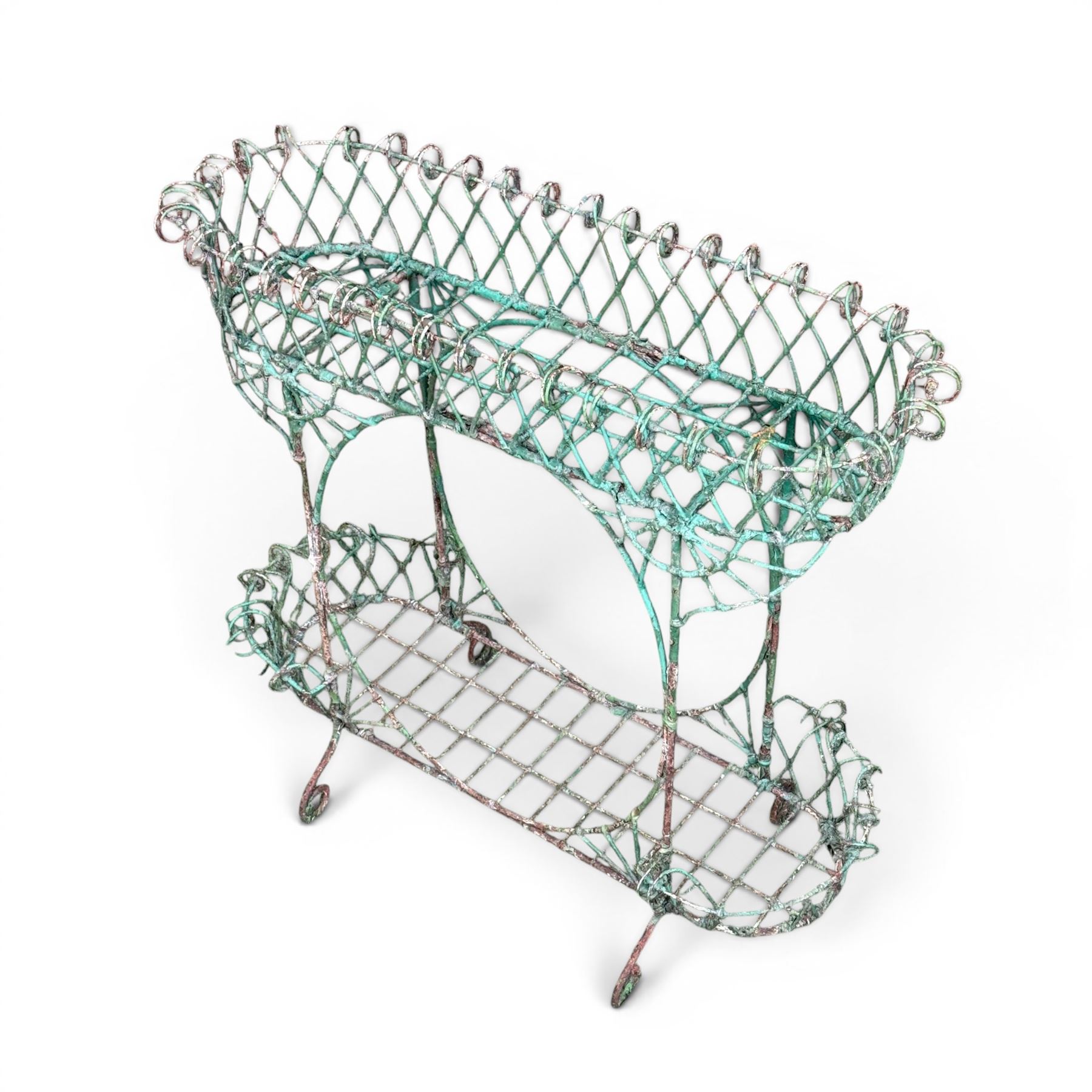 Victorian country house ornate wirework basket conservatory or garden planter, two tier form with oval centre