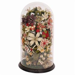 Victorian glass specimen dome, with woolwork floral centre piece upon a circular ebonised base, H62cm 