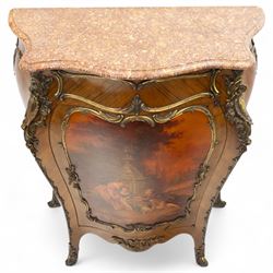Early 20th-century Louis XV revival Vernis-Martin style bombe-shaped kingwood cabinet, serpentine-shaped variegated Breccia Pernice marble top with moulded edge, the front panel decoration with a painted romantic pastoral scene, interior with two shelves, flanked by gilt bronze masks, sides with diagonally book-matched veneer, bordered by gilt bronze scrolling acanthus mounts, raised on short cabriole form legs with gilt-bronze sabots, key included 