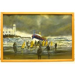 Robert Sheader (British 20th century): Return of the Scarborough Lifeboat, oil on board signed 38cm x 58cm