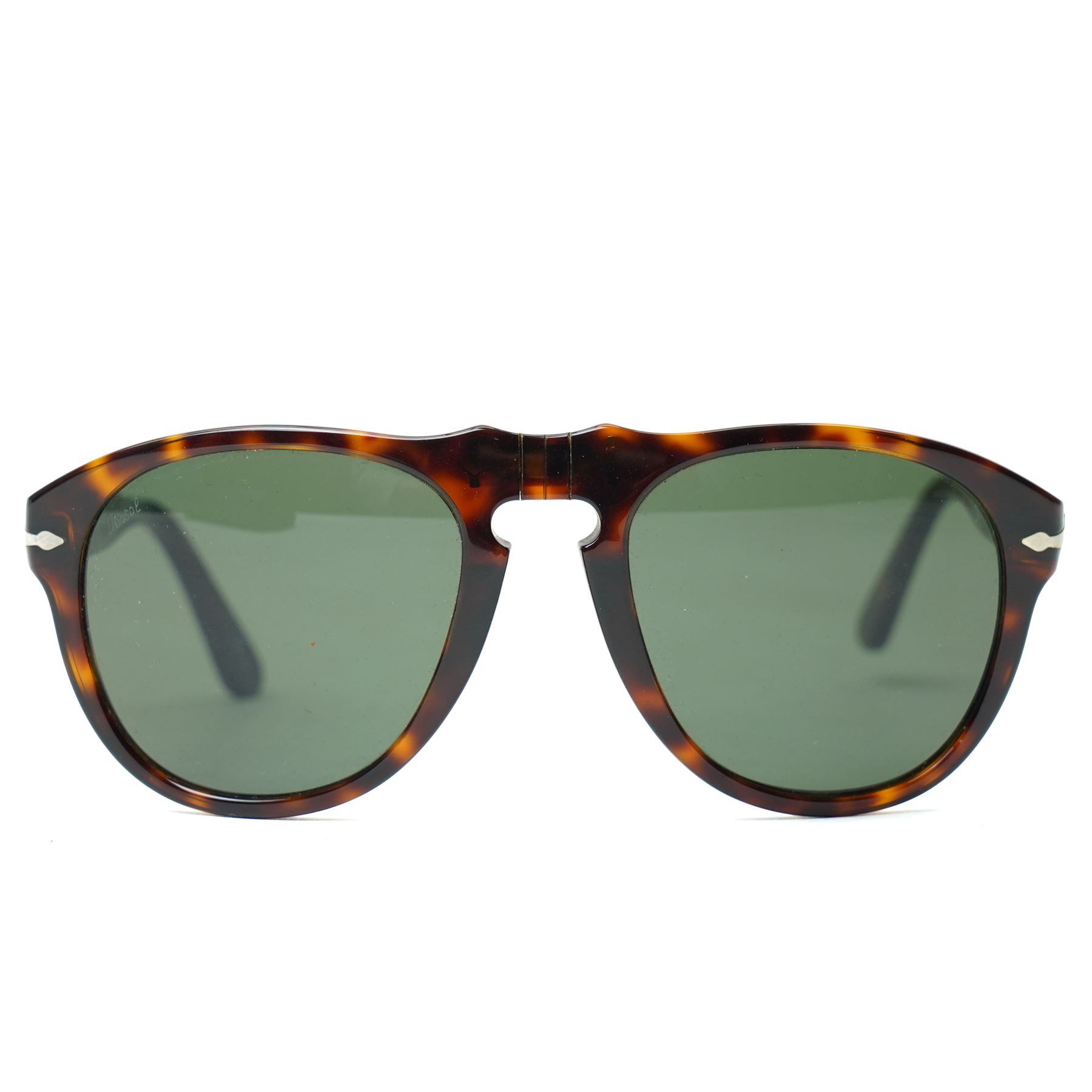 Persol tortoiseshell acetate sunglasses, handmade in Italy, with dark green lenses, signature silver-tone arrow hinges and keyhole bridge, temple interiors stamped Persol and CE marks, together with original Persol leather case