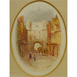  Petergate and Bootham Bar - York, three oval watercolours signed with initials J.W.W probably John Wynne Williams (British fl.1900-1920) 18cm x 13cm (3)    