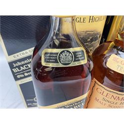 Glenmorangie, ten year old Scotch whisky, 1 litre 43% vol, Grant's twelve year old Scotch whisky 1 litre, 43 G.L and Johnnie Walker Black Label, twelve year old Scotch whisky, 1 litre 43% vol, all boxed (3)