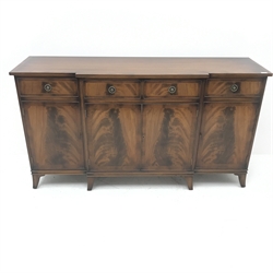 Georgian style inlaid mahogany breakfront sideboard, four drawers above four cupboard doors, shaped bracket supports, W168cm, H92cm, D48cm
