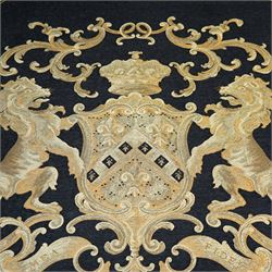Large heraldic wall hanging, decorated with gilt threads, the central coat of arms over Latin motto 'Mea Gloria Fides' or 'Faith is my Glory',  174cm x 255cm