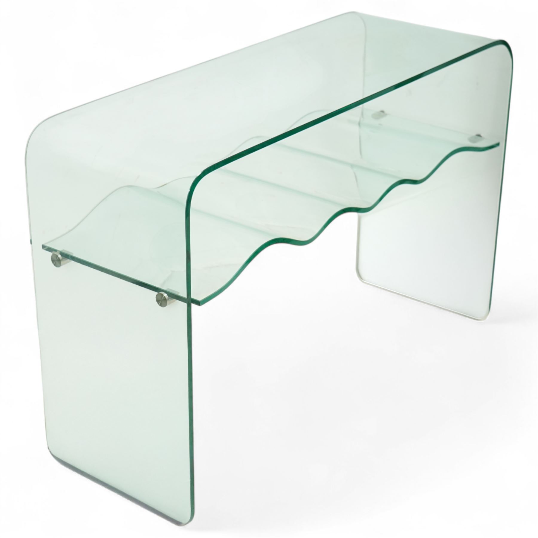 Contemporary glass two-tier console table of minimalist design, rectangular top with a single sheet of curved glass with a waved under tier supported with metal fittings 