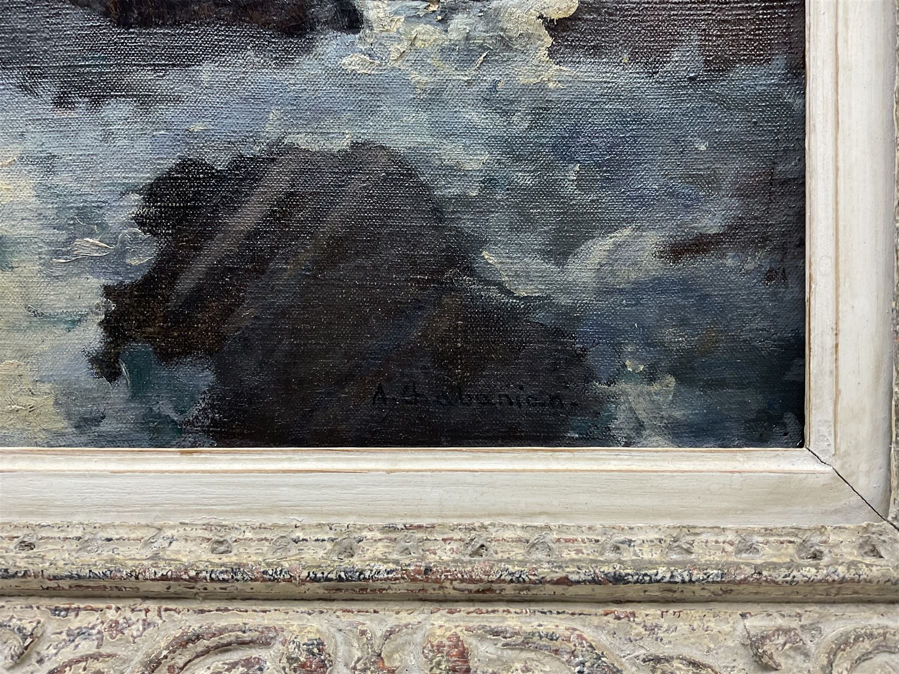 Arsene Chabanian (Armenian 1864-1949): Rocky Coastal scene by Moonlight, oil on canvas signed 45cm x 60cm