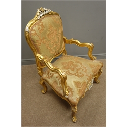  Pair French style giltwood open armchairs, moulded frames carved with acanthus and scrolls with silvered detail, brocade upholstered seats and backs on cabriole legs, H104cm (2)  