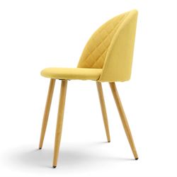 Set of four contemporary yellow upholstered dining chairs, with wrap around back with quilted stitching, padded seat raised on light oak tapering supports 