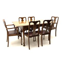 Early to mid 20th century beech extending dining table on cabriole supports with additional leaf (H77cm, 91cm x 160cm (extended)), and set six (4+2) dining chairs with vase shaped splats