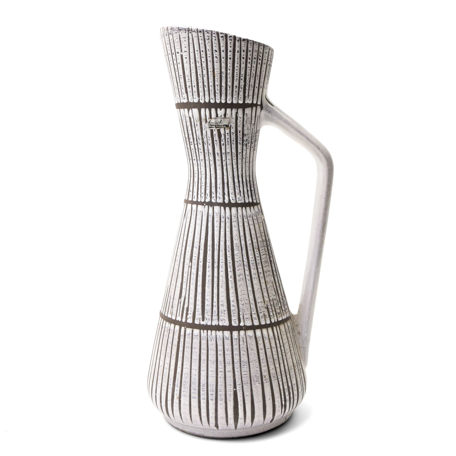 Whitefriars 'Controlled Bubble' vase, in the Twilight colourway, H19.5cm; together with a West German pitcher, H37cm, and Poole pottery twin handled dish, D28cm (3)