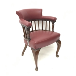 Mid to late century walnut framed library chair, upholstered in a red studded leather, cabriole leg, W60cm 