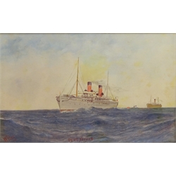  W Rood (Early 20th century): 'UCMS Norman Delivering Mails at Sea to the Dunluce Castle on May 29th 1905', oil on canvas board signed and dated '05, full title label verso 28cm x 44cm  