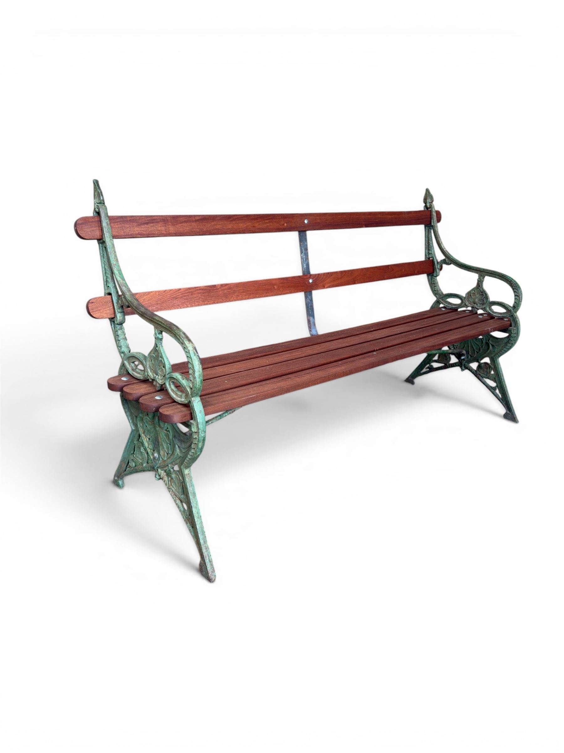 Coalbrookdale - Lily Pad design cast iron an wood slatted garden bench, late 19th century Aesthetic Movement, no. 217569, distressed green paint, iron centre support and seat stretcher, hardwood slatted